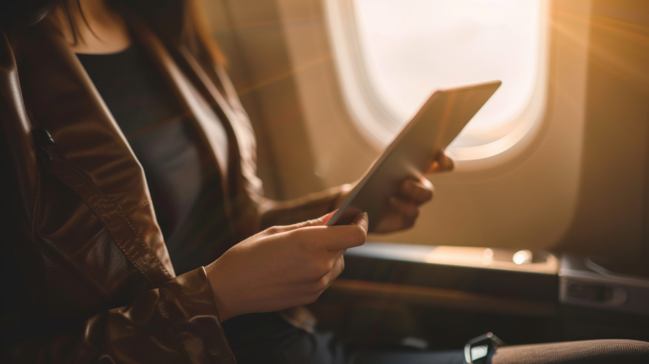 Close up Airplane passenger holding tablet