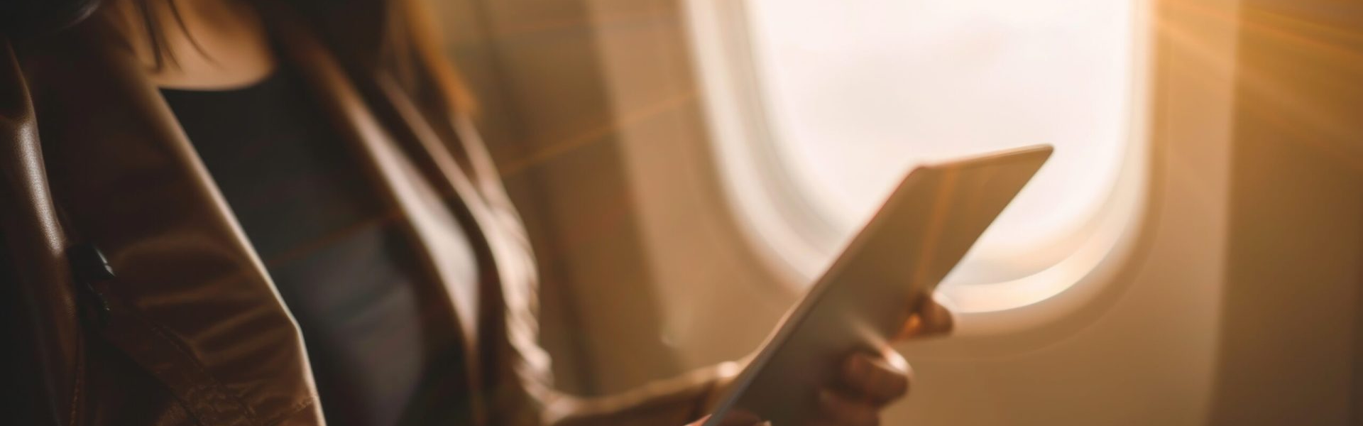 woman in an airplane using a tablet.