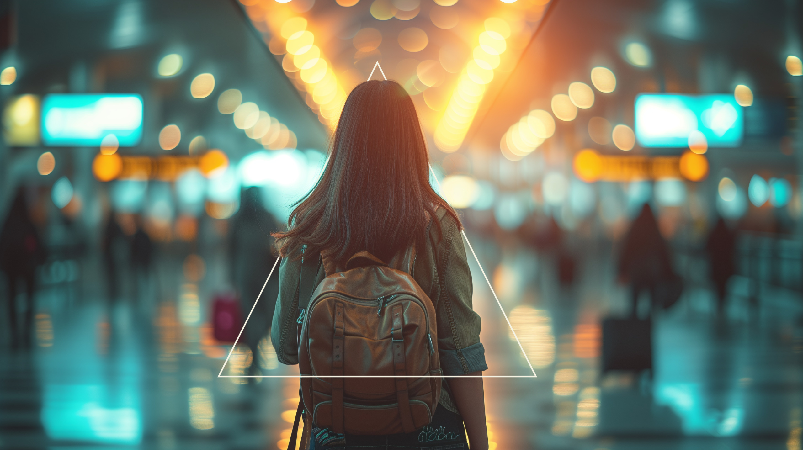 An image that shows a young girl with long brown hair, walking in an airport, wearing a backpack.